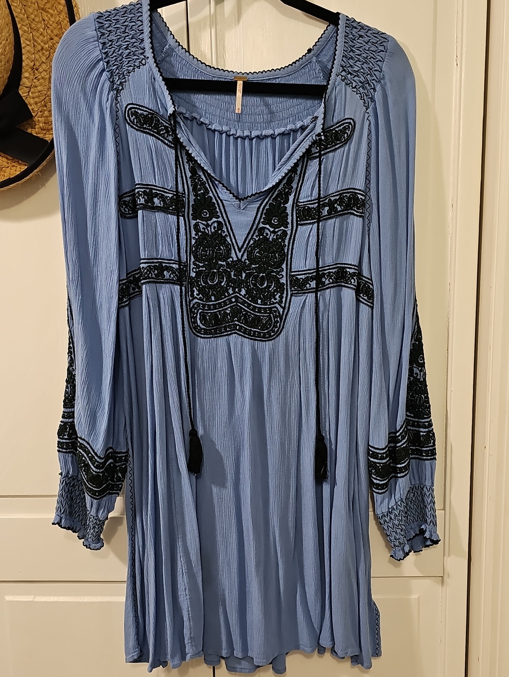 Free People Light Blue Embroidered Peasant Blouse with Black Trim